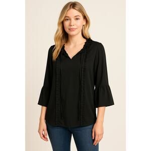 Karl Lagerfeld Tunic Size Small Black Ruffle Lagenlook Neutral Boho Flowy Work